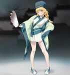  1girl blonde_hair blue_eyes borrowed_garments braid chinese_clothes cosplay fairyfloss feather_fan full_body hat highres kong_ming_hat long_hair one_eye_closed paripi_koumei robe shoes sneakers solo tsukimi_eiko twin_braids zhuge_kongming_(paripi_koumei) zhuge_kongming_(paripi_koumei)_(cosplay) 