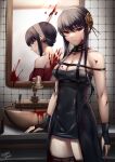  1girl absurdres black_hair blood blood_on_face caiman_pool different_reflection faucet hairband highres indoors mirror reflection sink solo spy_x_family yor_briar 