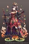  1girl armor armored_boots armored_dress black_hair blue_eyes boots braid brown_background copyright crown dress full_body gauntlets gradient gradient_background grimms_notes heterochromia long_hair nemusuke official_art open_mouth red_queen_(grimms_notes) solo sword teeth violet_eyes weapon 