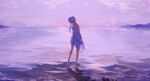  1girl absurdres bangs barefoot beach breasts clouds dress evening highres long_hair mountain ocean original outdoors paper_phrog purple_sky sandals scenery shoes shoes_removed skirt_hold sky small_breasts solo standing symbol-only_commentary water white_dress white_hair 