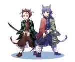  2boys :p animal_ears asymmetrical_clothes bangs belt black_footwear blue_eyes blue_hair blue_pants brown_hair cat_boy cat_ears cat_tail checkered_clothes coat demon_slayer_uniform earrings fighting_stance full_body green_coat holding jewelry kamado_tanjirou katana kemonomimi_mode kimetsu_no_yaiba leg_wrap long_hair long_sleeves looking_afar male_focus momochi_(orrizonte) multiple_boys pants puffy_pants red_coat scar scar_on_face scar_on_forehead short_hair side-by-side simple_background standing sword tabi tail tomioka_giyuu tongue tongue_out two-handed weapon white_background wide_sleeves zouri 