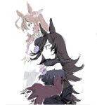  2girls animal_ears bangs black_dress blue_eyes brown_hair dress from_side grey_hairband hairband highres horse_ears horse_girl long_hair mihono_bourbon_(umamusume) multiple_girls orrdriver rice_shower_(umamusume) sketch umamusume violet_eyes white_background 