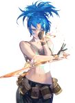  1girl ammunition_belt bare_shoulders black_pants blue_eyes blue_hair cargo_pants closed_mouth cofffee earrings gloves jewelry leona_heidern navel pants ponytail simple_background slashing sleeveless solo tank_top the_king_of_fighters triangle_earrings white_background yellow_tank_top 