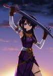  1girl 74 bangs black_hair brown_gloves dress eyebrows_visible_through_hair fire_emblem fire_emblem:_genealogy_of_the_holy_war gloves hair_between_eyes highres holding holding_sword holding_weapon larcei_(fire_emblem) looking_at_viewer purple_dress revision side_slit sidelocks smile solo sword violet_eyes weapon 