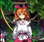  1girl arms_behind_back blonde_shrine_maiden_from_a_future_era_(touhou) blush bow detached_sleeves gohei hair_bow highres holding japanese_clothes kaigen_1025 kariginu long_sleeves looking_away orange_eyes orange_hair portrait_of_exotic_girls red_bow red_skirt ribbon-trimmed_shirt sash shirt short_hair skirt smile solo touhou white_sash white_shirt wide_sleeves 