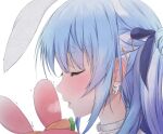  1girl absurdres animal_ears bangs blowing_in_ear blue_hair blue_ribbon blush breath choker closed_eyes ear_blush earrings extra_ears eyebrows_visible_through_hair from_side hair_ornament hair_ribbon hairclip highres hololive jewelry long_hair maccaron61 multicolored_hair nousagi_(usada_pekora) parted_lips portrait profile rabbit_ears ribbon solo streaked_hair thick_eyebrows transparent_background usada_pekora virtual_youtuber white_choker white_hair 