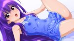  1girl absurdres blue_swimsuit casual_one-piece_swimsuit collarbone flat_chest highres long_hair looking_at_viewer lying one-piece_swimsuit original polka_dot polka_dot_swimsuit purple_hair smile solo sugimura_tomokazu swimsuit swimsuit_skirt violet_eyes 
