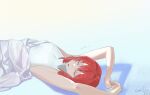  1girl absurdres ange_katrina armpits arms_up bangs bare_arms blue_background closed_eyes commentary gradient gradient_background highres lying medium_hair nicporim nijisanji on_back parted_lips redhead shadow shirt sleeping sleeveless sleeveless_shirt solo upper_body virtual_youtuber white_background white_shirt 