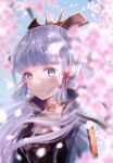  1girl absurdres armor blue_eyes blue_hair blue_jacket blue_sky blurry blurry_foreground branch breastplate closed_mouth collarbone commentary day depth_of_field flower genshin_impact highres jacket kamisato_ayaka long_hair nasii open_clothes open_jacket outdoors petals pink_flower revision sky smile solo upper_body 