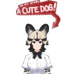 1girl african_wild_dog_(kemono_friends) african_wild_dog_print animal_ears animal_print arms_at_sides arrow_(symbol) bangs black_hair bow bowtie breast_pocket closed_mouth dog_ears english_text expressionless extra_ears grey_eyes grey_hair highres kemono_friends layered_sleeves long_sleeves looking_at_viewer medium_hair multicolored_hair nanoder pocket print_sleeves shirt short_over_long_sleeves short_sleeves sign simple_background solo two-tone_hair upper_body white_shirt 