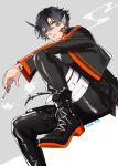 1boy arknights bandaged_leg bandages bishounen black_hair boots cigarette dated flamebringer_(arknights) from_bellow looking_at_viewer male_focus nishi_juuji orange_eyes oripathy_lesion_(arknights) short_hair simple_background sitting smoke smoking solo 