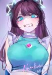  1girl blue_eyes blue_shirt blush breasts brown_hair clenched_teeth commission crop_top disgust double_bun hair_ornament indie_virtual_youtuber large_breasts long_hair looking_at_viewer mile_(off8mile) nana_pantzilya shirt skeb_commission solo star_(symbol) star_hair_ornament teeth virtual_youtuber wide-eyed 