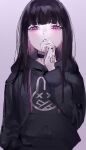  1girl absurdres black_choker black_hair black_hoodie choker colored_inner_hair half-closed_eyes hand_up highres hood hood_down hoodie looking_at_viewer mile_(off8mile) multicolored_hair original pink_eyes pink_hair solo 