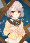  amamiya_chiharu blue_background braid brush holding holding_brush looking_at_viewer original portrait_(object) short_hair star_(symbol) yellow_eyes 