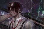  1boy blood blood_on_clothes blood_on_hands brown_hair dark-skinned_male dark_skin formal highres holding holding_weapon limbus_company m_i_r_r_o_r male_focus necktie project_moon rain red_necktie scar scar_on_face scar_on_hand shirt short_hair weapon white_shirt 