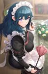  1girl alternate_costume apron ass bangs black_dress blue_eyes blue_hair blush breasts byleth_(fire_emblem) byleth_eisner_(female) commentary_request dress duster enmaided eyebrows_visible_through_hair fire_emblem fire_emblem:_three_houses flower gonzarez hair_between_eyes highres indoors large_breasts long_hair long_sleeves looking_at_viewer maid maid_headdress sitting solo white_apron white_flower 