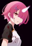  1girl black_background black_sleeves blood blood_on_clothes blood_on_face borrowed_garments from_side hair_ornament hair_over_one_eye highres horns open_mouth pink_hair ram_(re:zero) re:zero_kara_hajimeru_isekai_seikatsu red_eyes shirt short_hair short_sleeves simple_background single_horn solo triangle_mouth upper_body white_shirt x_hair_ornament yasehattagi 