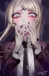  1girl @_@ black_necktie blonde_hair blush brown_jacket charlotte_van_halen clenched_teeth collared_shirt commission disgust hands_up indie_virtual_youtuber jacket long_sleeves mile_(off8mile) necktie pale_skin ponytail shirt skeb_commission solo teeth third_eye upper_body white_eyes white_shirt wide-eyed wing_collar 