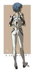  1girl ass ayanami_rei blue_hair border brown_background character_name commentary from_behind full_body ilkwagkim neon_genesis_evangelion plugsuit short_hair simple_background sketch solo standing white_border 