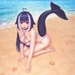  1girl :3 :d absurdres ahoge artist_name ass bangs bare_arms bare_legs bare_shoulders barefoot beach bikini blue_hair blunt_bangs blush breasts cetacean_tail collar commentary eyebrows_visible_through_hair facial_hair fangs full_body hair_between_eyes heart_ahoge highres indie_virtual_youtuber large_breasts long_hair looking_at_viewer multicolored_hair open_mouth orca_girl sand seashell seiza shell shylily sitting smile solo starfish swimsuit tattoo two-tone_hair violet_eyes virtual_youtuber water white_hair wlper 