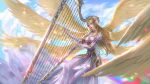  1girl absurdres angel_wings bare_shoulders blonde_hair blue_eyes douluo_dalu dress hair_ornament harp highres instrument long_hair multiple_wings music playing_instrument qian_renxue_(douluo_dalu) qian_renxue_zhuye rainbow sitting sky smile solo white_dress wings 