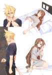  1boy 1girl aerith_gainsborough asymmetrical_hair bangs bare_legs barefoot bed bed_sheet black_pants blanket blonde_hair blue_eyes blue_shirt breasts closed_eyes cloud_strife doorknob final_fantasy final_fantasy_vii green_eyes grey_shirt hair_down hand_on_own_face holding_another&#039;s_wrist holding_hands hospital_bed kiss kissing_hand kneeling krudears long_hair lying medium_breasts on_back pants parted_bangs pillow pulling shirt sidelocks spiky_hair t-shirt wavy_hair 