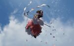  1girl brown_hair clouds cloudy_sky floating from_side gohei hakurei_reimu japanese_clothes looking_ahead miko red_eyes red_ribbon ribbon skirt sky solo stick touhou ushitsuchi 