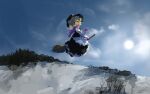  1girl black_headwear blonde_hair broom broom_riding clouds flying hat highres kirisame_marisa looking_at_viewer looking_to_the_side pointing scarf sky solo touhou ushitsuchi winter witch_hat 