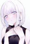  1girl absurdres bare_shoulders blush bob_cut crescent crescent_earrings earrings hands_up highres jewelry looking_at_viewer medium_hair mile_(off8mile) original parted_lips simple_background solo white_background white_eyes white_hair 