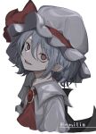  1girl absurdres ascot bangs bat_wings blue_hair brooch cropped_torso fang hair_between_eyes hat hat_ribbon highres hisha_(kan_moko) jewelry light_smile mob_cap open_mouth pointy_ears red_eyes red_ribbon remilia_scarlet ribbon short_hair simple_background solo touhou upper_body white_background wings 