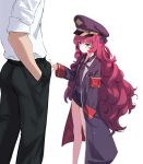  1boy 1girl armband black_coat black_legwear black_skirt blue_archive blue_eyes blush coat commentary feet_out_of_frame hands_in_pockets head_out_of_frame height_difference iroha_(blue_archive) long_hair military military_uniform miniskirt necktie red_necktie redhead simple_background skirt solo_focus thighs uniform very_long_hair wavy_hair white_background zi_se 