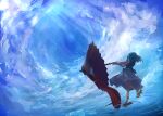  1girl absurdres blue_hair clouds from_behind geta highres one-eyed purple_umbrella short_hair skirt sky solo standing standing_on_liquid standing_on_one_leg tatara_kogasa tongue tongue_out touhou umbrella ushitsuchi water 