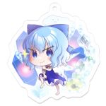  1girl barefoot blue_bow blue_dress blue_eyes blue_hair blush_stickers bow cirno closed_mouth collared_shirt dress eyebrows_visible_through_hair fairy full_body hair_between_eyes hair_bow ice ice_wings puffy_short_sleeves puffy_sleeves rue_0908 shirt short_hair short_sleeves smile solo touhou transparent_background white_shirt wings 