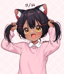  absurdres aged_down animal_ears back_hair cat_ears dark-skinned_female dark_skin hair_between_eyes highres indie_virtual_youtuber long_sleeves medium_hair open_mouth pink_sweater sakura_chiyo_(konachi000) sakuraba_chiyo sweater twintails twintails_day virtual_youtuber yellow_eyes 