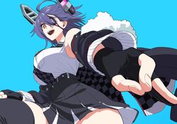  1girl anniversary bangs black_gloves black_legwear black_skirt blue_background breast_pocket breasts checkered_necktie eyepatch fur-trimmed_jacket fur_trim gloves hair_between_eyes headgear high-waist_skirt ifuji_shinsen jacket kantai_collection large_breasts looking_at_viewer necktie open_clothes open_jacket open_mouth orange_eyes partially_fingerless_gloves pocket purple_hair shirt short_hair simple_background skirt sleeveless sleeveless_shirt solo tenryuu_(kancolle) tenryuu_kai_ni_(kancolle) thigh-highs twitter_username white_shirt 