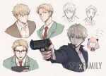  !? 1boy 1girl ahoge anya_(spy_x_family) bangs black_jacket blonde_hair blue_eyes clipboard collared_shirt commentary copyright_name gun hair_ornament highres holding holding_clipboard holding_gun holding_weapon jacket medium_hair multiple_views necktie open_mouth pink_hair red_necktie revolver semi-rimless_eyewear shirt sketch smile soniaaart spy_x_family suit_jacket surprised thought_bubble translation_request trembling twilight_(spy_x_family) twitter_username vest weapon white_shirt wing_collar 
