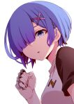  bangs black_sleeves blue_eyes blue_hair blunt_bangs brass_knuckles hair_ornament hair_over_one_eye highres looking_at_viewer open_mouth re:zero_kara_hajimeru_isekai_seikatsu rem_(re:zero) shirt short_hair short_sleeves upper_body weapon white_shirt x_hair_ornament yasehattagi 