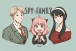  1boy 2girls :d ahoge anya_(spy_x_family) bangs black_dress black_hair blonde_hair blue_eyes blush collarbone collared_shirt commentary copyright_name cropped_torso dress earrings eyebrows_visible_through_hair family green_eyes hair_ornament hairband highres jewelry long_hair looking_at_viewer multiple_girls necktie off-shoulder_dress off_shoulder pink_hair red_eyes red_necktie ribbon shirt single_earring smile soniaaart spy_x_family suit_jacket sweater sweater_dress teeth twilight_(spy_x_family) twitter_username upper_teeth vest white_ribbon white_shirt wing_collar yor_briar 