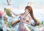  1girl absurdres animal_ears bird blue_sky brown_hair douluo_dalu douluo_dalu_xiaowu_zhuye dress hair_ornament highres lily_pad looking_at_viewer ocean pink_dress ponytail rabbit_ears sky solo splashing water xiao_wu_(douluo_dalu) 