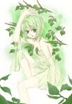  1girl ayasa bangs breasts colored_eyelashes commentary_request dress foot_out_of_frame gem green_dress green_eyes green_gemstone green_hair green_theme leaf looking_at_viewer medium_breasts off-shoulder_dress off_shoulder open_mouth original short_hair solo white_background 