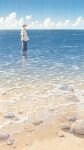  1boy absurdres beach blue_pants brown_hair closed_eyes clouds commentary_request day hands_in_pockets hat hayashi_naoyuki highres male_focus ocean original outdoors pants reflection rock shirt short_hair short_sleeves solo wading water white_shirt 