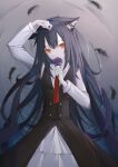  0_(znanimo) 1girl absurdres animal_ears arknights black_dress black_hair collared_shirt commentary_request dress ear_piercing feathers flower grey_background hair_between_eyes hand_up highres holding holding_petal long_hair long_sleeves looking_at_viewer necktie orange_eyes pale_skin petals piercing purple_flower purple_rose red_necktie rose shirt solo symbol-only_commentary texas_(arknights) white_shirt wolf_ears 