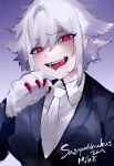  1girl animal_hands black_jacket commission fangs indie_virtual_youtuber jacket looking_at_viewer mile_(off8mile) necktie open_mouth red_eyes shirt skeb_commission smile solo tongue tongue_out white_necktie white_shirt 