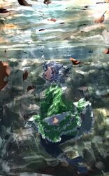  blue_eyes blue_hair bubble falling_leaves fish_tail green_kimono highres japanese_clothes kimono leaf looking_at_viewer looking_to_the_side mermaid monster_girl open_mouth tail touhou underwater ushitsuchi wakasagihime 