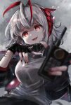  +_+ 1girl :d arknights bangs black_gloves blurry blurry_foreground breasts cowboy_shot depth_of_field detonator fingerless_gloves foreshortening gloves grey_background grey_hair grey_shirt high_collar highres horns kataageteto large_breasts long_sleeves multicolored_hair nail_polish open_mouth red_eyes red_nails redhead shirt short_hair smile solo two-tone_hair w_(arknights) 