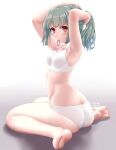  1girl adjusting_hair ass barefoot blush brown_eyes dated dd_(ijigendd) eyebrows_visible_through_hair green_hair highres kantai_collection long_hair mouth_hold panties ponytail sitting solo twitter_username underwear wariza white_panties yuubari_(kancolle) 