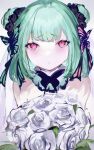  1girl blush bouquet butterfly_hair_ornament closed_mouth double_bun flower green_hair hair_ornament highres holding holding_bouquet holding_flower hololive looking_at_viewer mile_(off8mile) no_nose pink_eyes rose solo uruha_rushia veil virtual_youtuber white_flower white_rose 