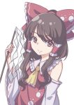  1girl absurdres ascot bangs bow brown_eyes brown_hair detached_sleeves eyebrows_behind_hair frills gohei hair_bow hair_tubes hakurei_reimu highres holding holding_stick kame_(kamepan44231) long_hair looking_at_viewer red_bow ribbon_trim simple_background smile solo stick swept_bangs touhou upper_body white_background wide_sleeves wily_beast_and_weakest_creature 
