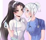  2girls alternate_costume azuyanii bangs black_hair black_shirt blue_eyes blue_shirt breasts brown_eyes collarbone english_commentary gloves grey_hair hand_on_another&#039;s_chin hat holding holding_syringe jacket jett_(valorant) medium_breasts multiple_girls nurse nurse_cap parted_bangs ponytail purple_background sage_(valorant) shirt smile stethoscope syringe v-shaped_eyebrows valorant white_gloves white_headwear white_jacket 