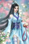  1girl asymmetrical_legwear black_hair blue_dress blurry blurry_background dress gourd hair_ornament highres mismatched_legwear plant ponytail sash tassel upper_body yao_yao_(yuan_zun) yuan_zun yuan_zun_yao_yao_zhuye 